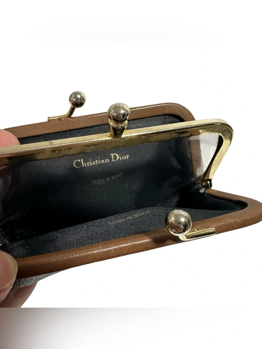 Dior Honeycomb Vintage Black & Tan Leather Kisslock Card & Coin Case